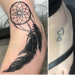 Ankle showing a blackwork dreamcatcher cover-up tattoo by Larry Allen and the original two small hearts it is covering.